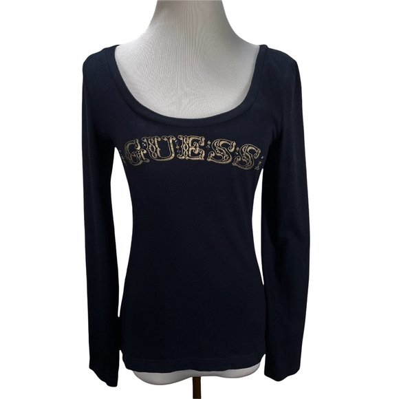 Vintage GUESS 1981 Beaded Gold Logo & Heart Print Black Knit Top Size M T-Shirt - Picture 2 of 11